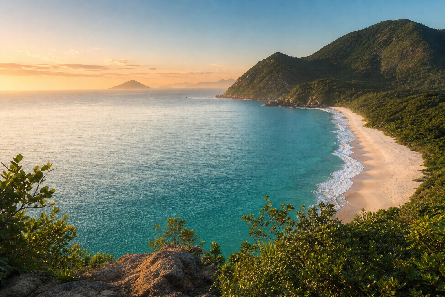 Praia brasileira cercada por montanhas verdes ao amanhecer