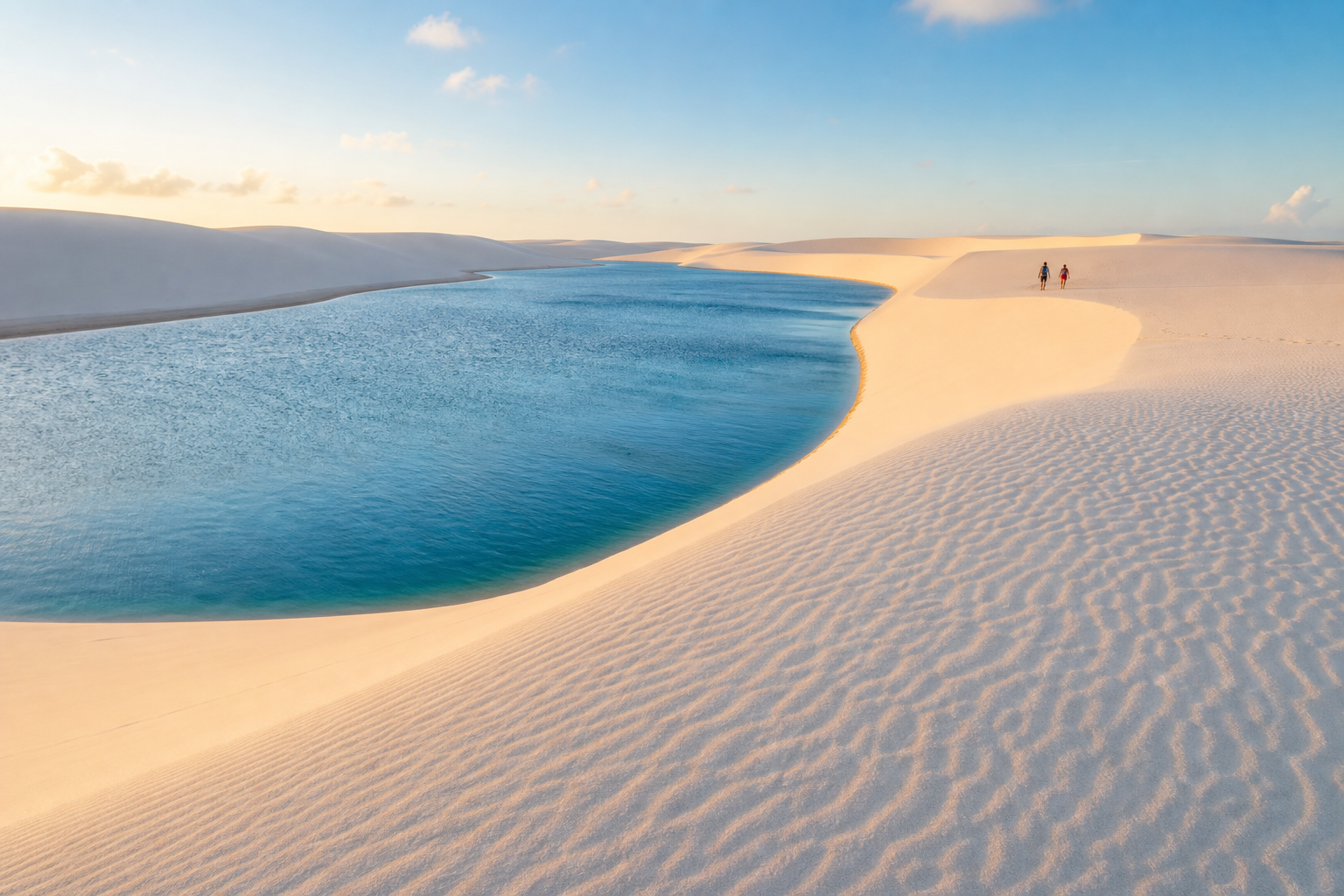Lagoa azul entre dunas brancas nos Lençóis Maranhenses ao entardecer